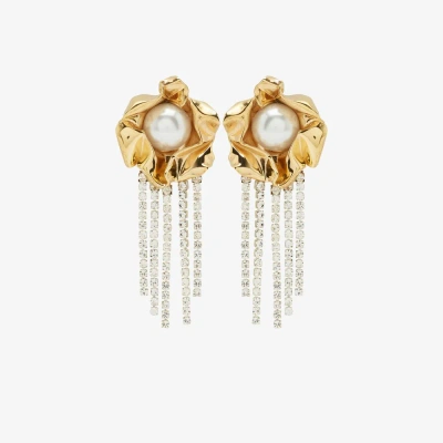 Sterling King Gold Tone Titania Faux Pearl Crystal Fringe Earrings