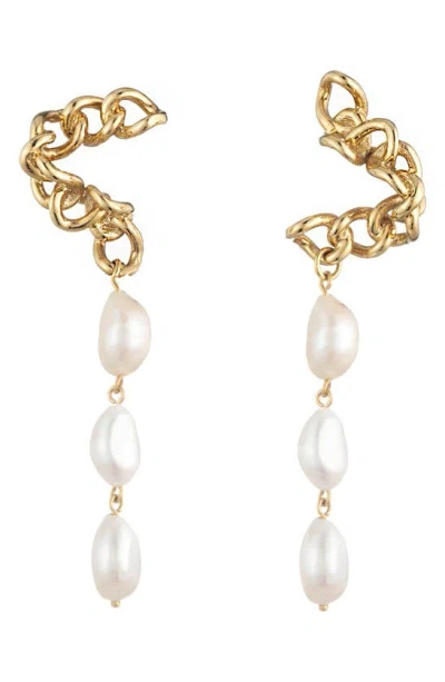 Sterling King Warp Chain Freshwater Pearl Drop Earrings In Gold