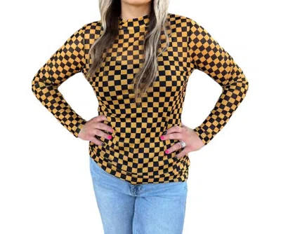 Sterling Kreek Check Mesh Long Sleeve Top In Gold/black In Brown