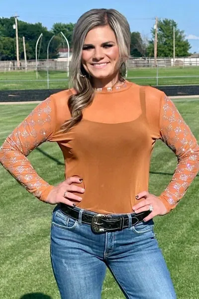 Sterling Kreek Check Mesh Long Sleeve Top In Orange/blue In Brown