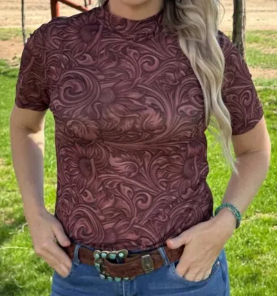 Sterling Kreek Country Roads Short Sleeve Mesh Top In Brown