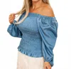 Sterling Kreek Denim Darling Off The Shoulder Top In Light Blue In Blue