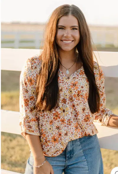Sterling Kreek Fall Flowers Top In Orange In Brown