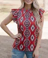 Sterling Kreek Flutter Sleeve Babydoll Top In Red Aztec In Multi