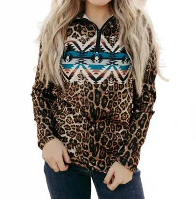 Sterling Kreek Leopard Zip Up Pullover In Brown Multi In Animal Print
