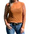 Sterling Kreek Mesh Top With Rhinestone Checkered Sleeves In Burnt Orange In Yellow