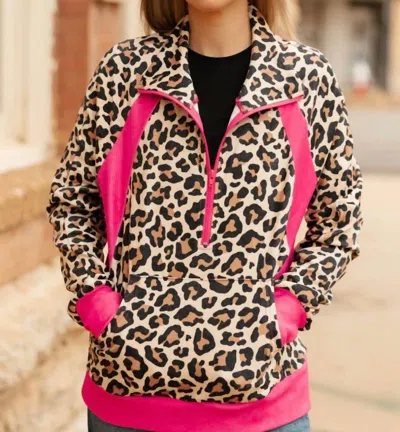 Sterling Kreek Quarter Zip Pullover In Pink And Leopard In Multi