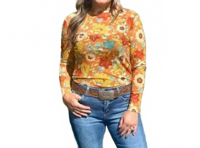 Sterling Kreek Women's Blissfully Blessed Sunflower Mesh Top In Orange In Multi