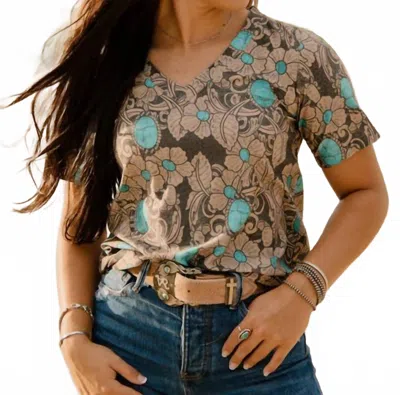 Sterling Kreek Women's Tattoos On This Town Print V-neck Top In Turquoise Multi In Brown