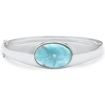 Pre-owned Sterling Oval Shaped Natural Larimar Bangle .925  Silver Bracelet In White