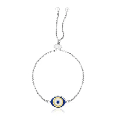Sterling Silver Adjustable Two Toned Enameled Evil Eye Friendship Bracelet In Blue