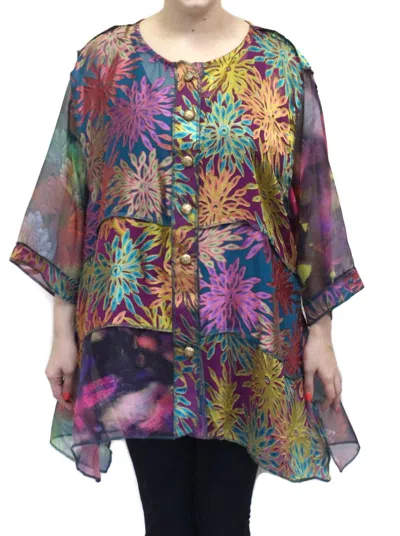 Sterling Styles Floral Burnout Short Happy Jacket In Teal/fuschia In Multi