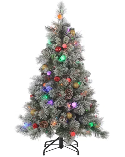 Sterling Tree Company 4.5ft Pre-lit Flocked Hard Needle Pine With Ornaments And 50 G40 Multi-colored In Green