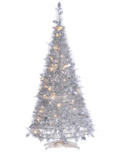 Sterling Tree Company 4ft High Pop Up Pre-lit Silver Tinsel Tree With Holy Leaves In White