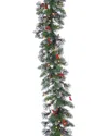Sterling Tree Company 9ft Long Pre Lit Glazier Pine Garland With Iced Tips, Pine Cones, Red Berries, In Green