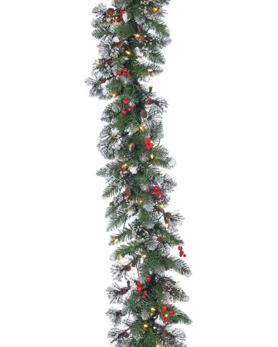 Sterling Tree Company 9ft Long Pre Lit Glazier Pine Garland With Iced Tips, Pine Cones, Red Berries, In Green