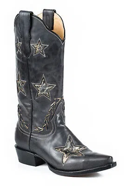 Pre-owned Stetson Boots Ladies Black Leather Gold 13in Star Distressed Fashion 8.5