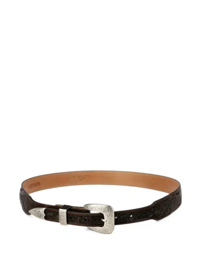 Stetson Croc-effect Floral-tooled Belt In Brown