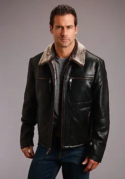 Pre-owned Stetson Faux Fur Mens Black Leather Smooth Jacket