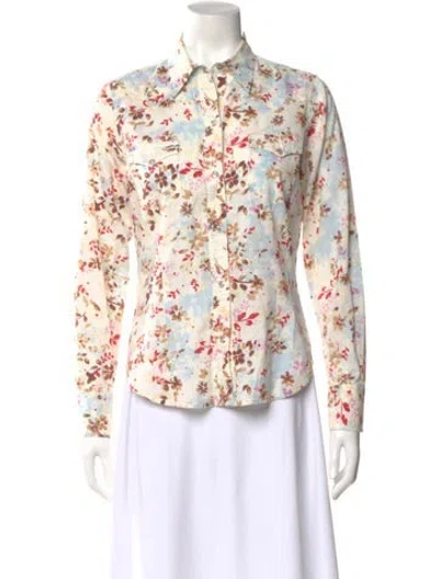 Pre-owned Stetson Floral Print Long Sleeve Button-up Top In White