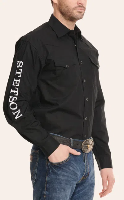 Stetson Men's Black With White Embroidery Logo Long Sleeve Western Shirt