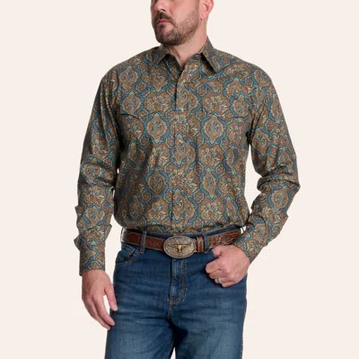 Stetson Men's Brown & Blue Medallion Print Long Sleeve Pearl Snap Western Shirt In Multi