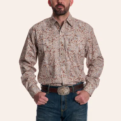 Stetson Men's Brown & Light Blue Paisley Print Long Sleeve Pearl Snap Western Shirt