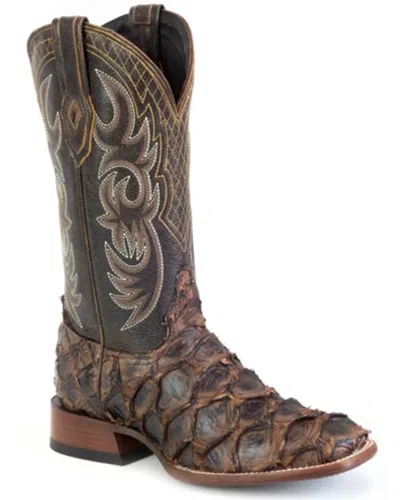 Pre-owned Stetson Men's Exotic Pirarucu Western Boot Broad Square Toe - 12-020-1852-0600 In Brown