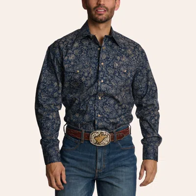 Stetson Men's Navy & Tan Floral Paisley Print Long Sleeve Pearl Snap Western Shirt In Blue