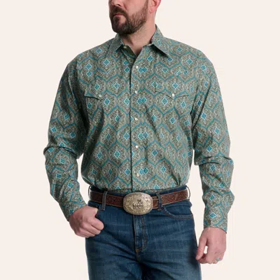 Stetson Men's Olive & Turquoise Paisley Print Long Sleeve Pearl Snap Western Shirt In Green