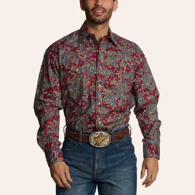 Stetson Men's Red & Blue Paisley Print Long Sleeve Pearl Snap Western Shirt