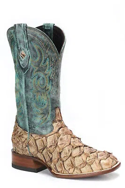 Pre-owned Stetson Mens Amazon Blue/tan Pirarucu 13in Cowboy Boots In Brown