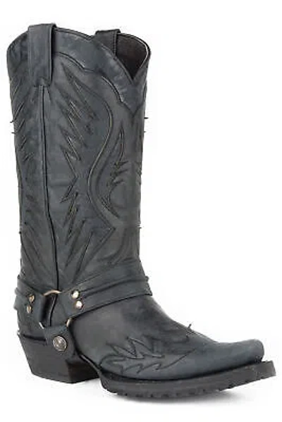 Pre-owned Stetson Mens Black Leather Biker Outlaw Cowboy Boots