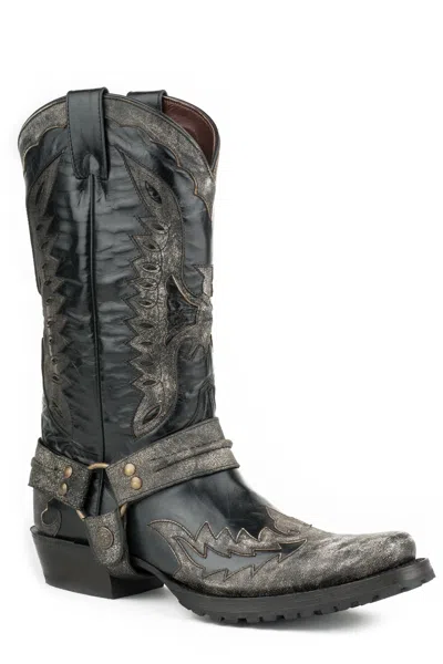 Pre-owned Stetson Mens Black Leather Outlaw Eagle Biker Cowboy Boots
