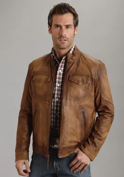 Pre-owned Stetson Mens Brown Burnished Leather Jacket Motorcycle Western Zip Front