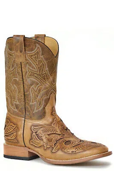 Pre-owned Stetson Mens Brown Leather Handtooled Wicks 11in Cowboy Boots