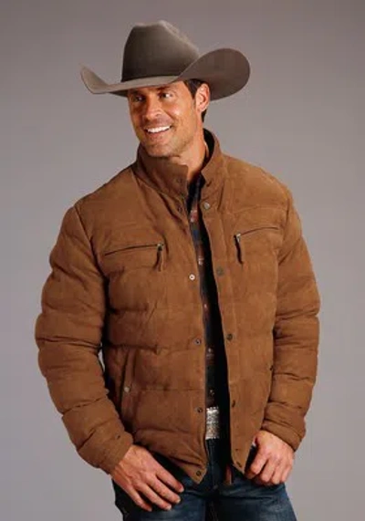 Pre-owned Stetson Mens Caramel Leather Suede Puffy Jacket In Brown