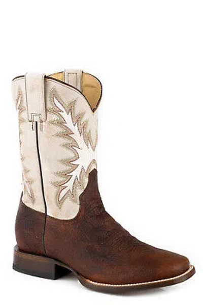 Pre-owned Stetson Mens Cole Cognac Bison Leather Cowboy Boots In Brown
