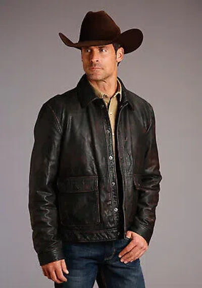 Pre-owned Stetson Mens Distressed Brown Leather Nickel Snap Jacket M