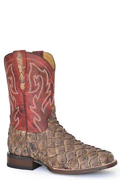 Pre-owned Stetson Mens Predator Brown/red Pirarucu Cowboy Boots
