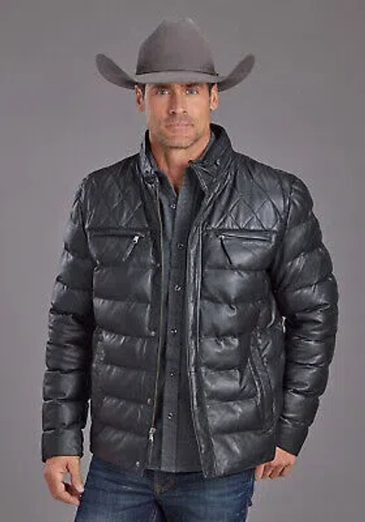 Pre-owned Stetson Mens Quilted Smooth Black Leather Insulated Jacket