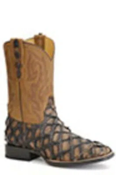 Pre-owned Stetson Mens Tan Leather Predator Pirarucu Cowboy Boots In Brown