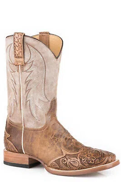 Pre-owned Stetson Mens Tan/white Leather Diego Wingtip Cowboy Boots