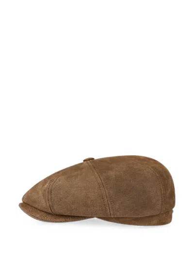 Stetson Panelled Leather Flat Cap In Brown