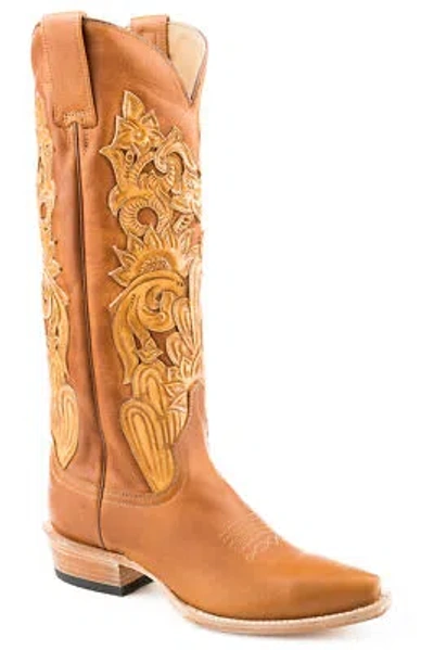 Pre-owned Stetson Tooled Womens Brown Leather Jules Cowboy Boots