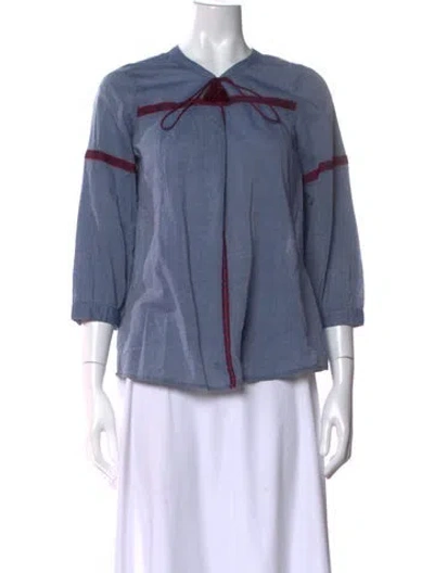 Pre-owned Stetson V-neck Three-quarter Sleeve Top In Blue