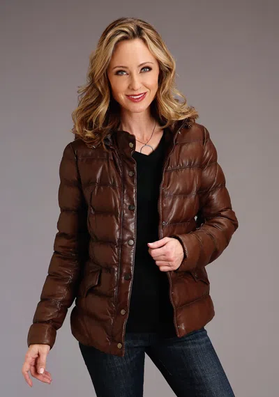 Pre-owned Stetson Womens Antique Brown Leather Puffy Jacket