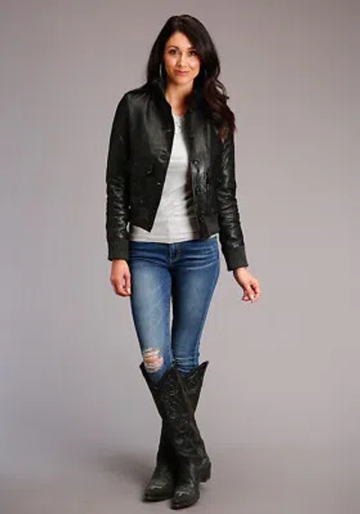 Pre-owned Stetson Womens Black Lamb Leather Military Button Jacket