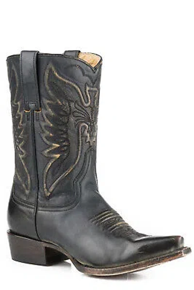 Pre-owned Stetson Womens Black Leather Tate 10in Eagle Cowboy Boots