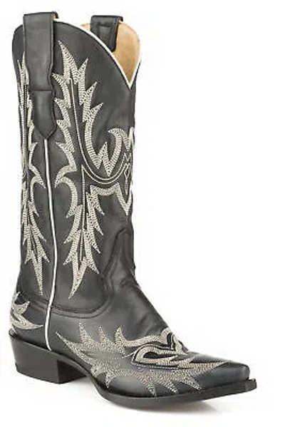 Pre-owned Stetson Womens Black Leather Tina Flame Pita Cowboy Boots